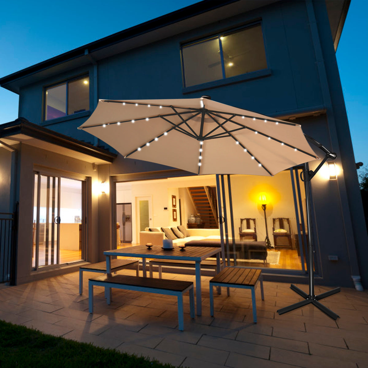 LIVSK Offset Parasol 300 cm - Draaibaar - 24 LED-lampjes - Hoogwaardig Aluminium - Eenvoudig te Kantelen - Beige