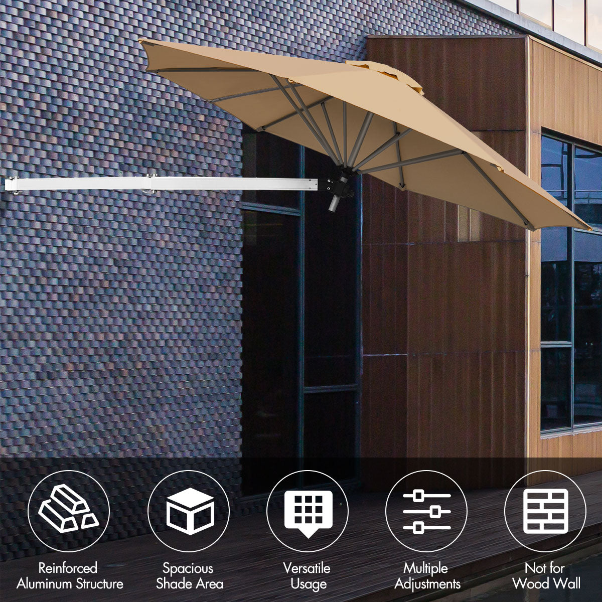 LIVSK Wandparasol - Aluminium Frame - Verstelbaar - Ruim Schaduwoppervlak - Compact Ontwerp - Beige