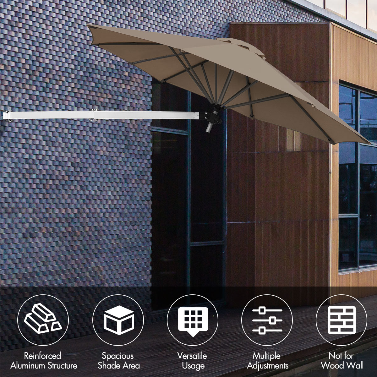 LIVSK Wandparasol - Aluminium Frame - Verstelbare Kop en Stokpositie - Groot Schaduwoppervlak - Waterdicht - Bruin