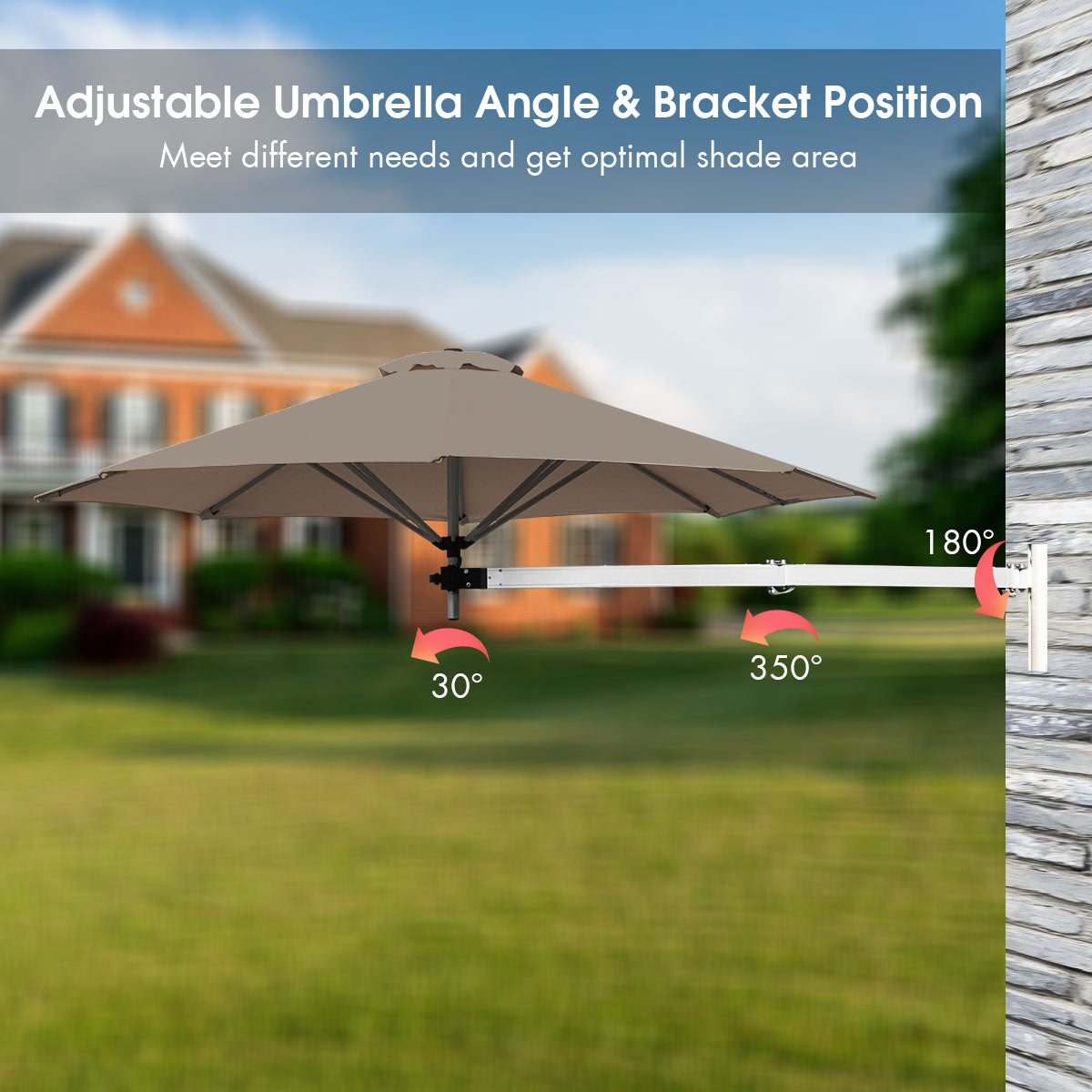 LIVSK Wandparasol - Aluminium Frame - Verstelbare Kop en Stokpositie - Groot Schaduwoppervlak - Waterdicht - Bruin
