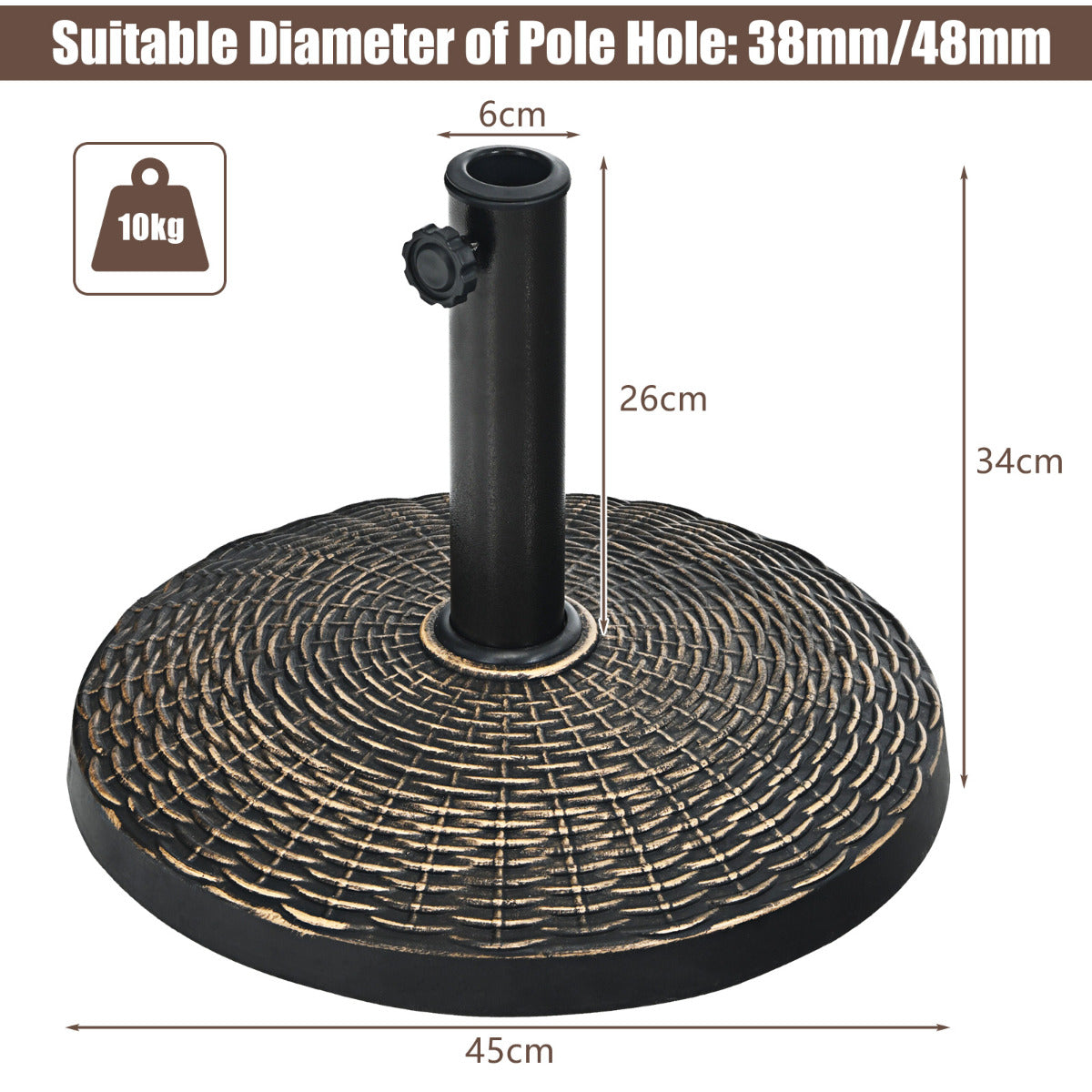 LIVSK Parasolstandaard - Hoogwaardig Hars - Waterdicht en Roestvrij - Inclusief 2 Adapters voor 38-48 mm - Stabiele Basis - Brons