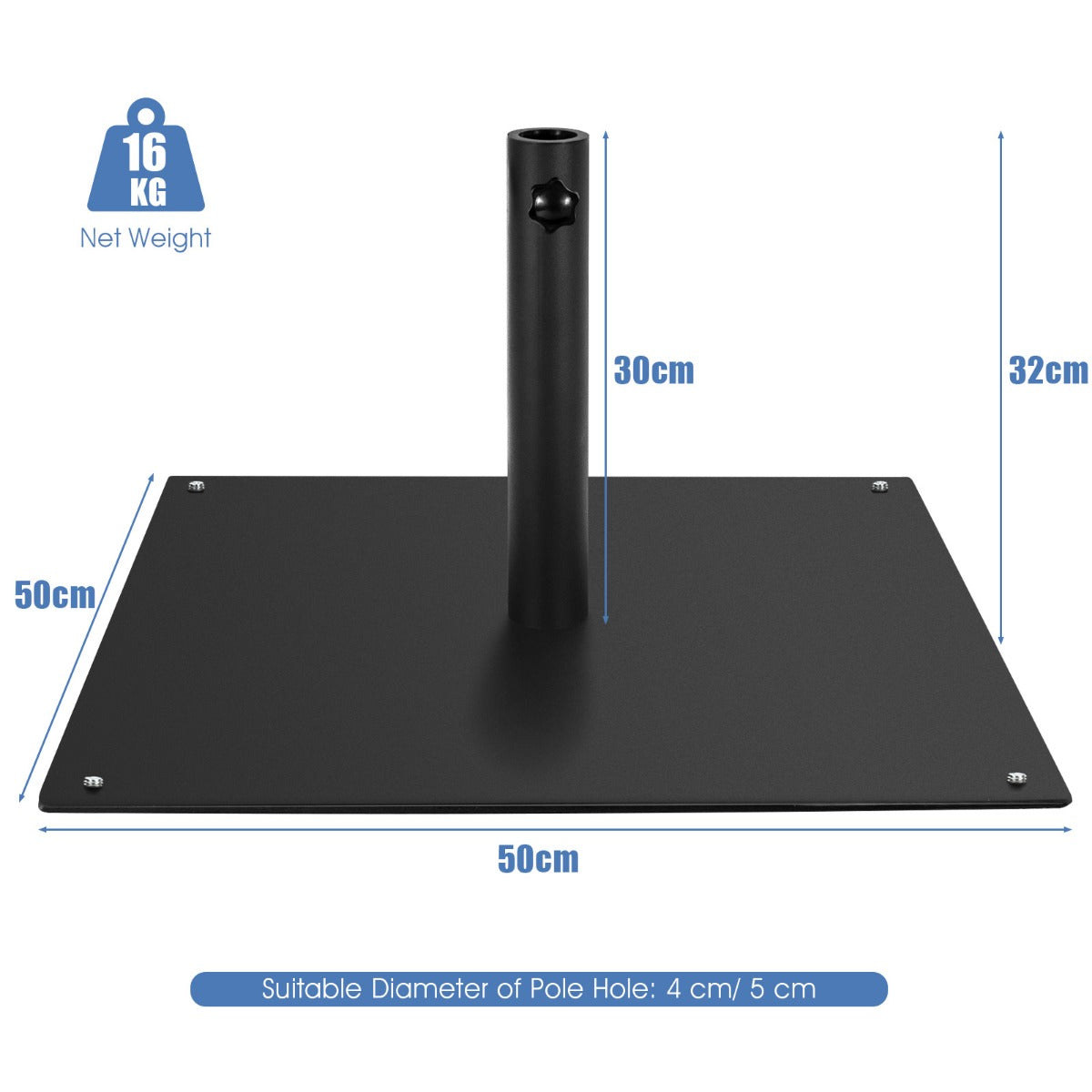 LIVSK Verstelbare Parasolstandaard - Duurzaam Metaal - 4 Verstelbare Voeten - Eenvoudige Montage - 50 x 50 x 32 cm - Zwart