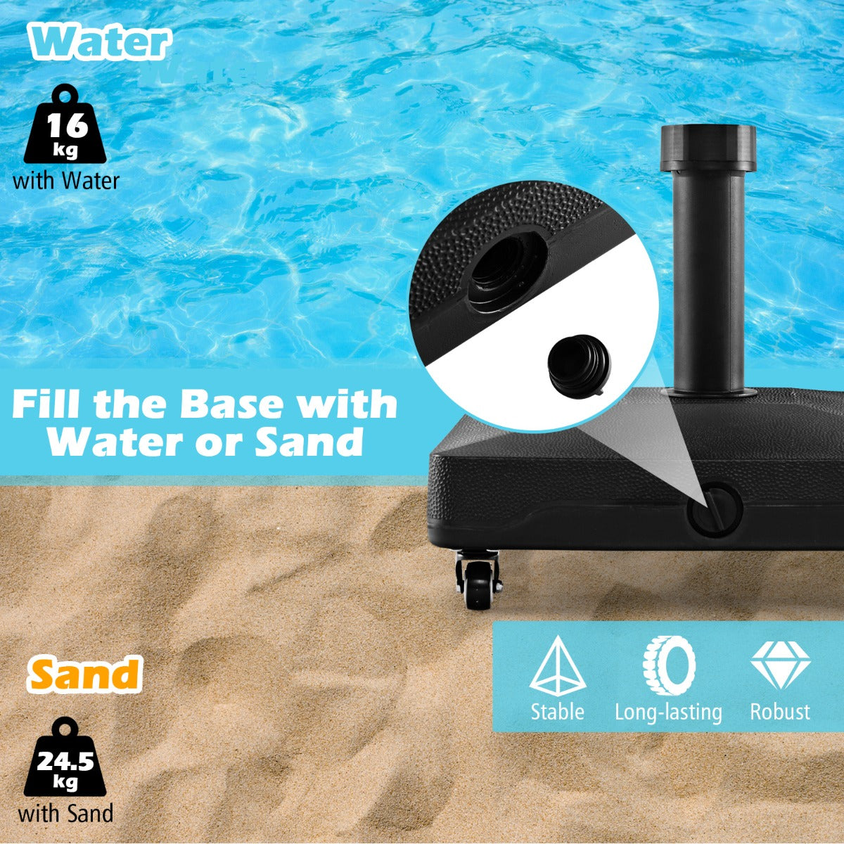 Livsk costway parasolstandaard met wieltjes parasolstandaard te vullen met water of zand marktparaplustandaard voor parasolstangen van 32 48 mm