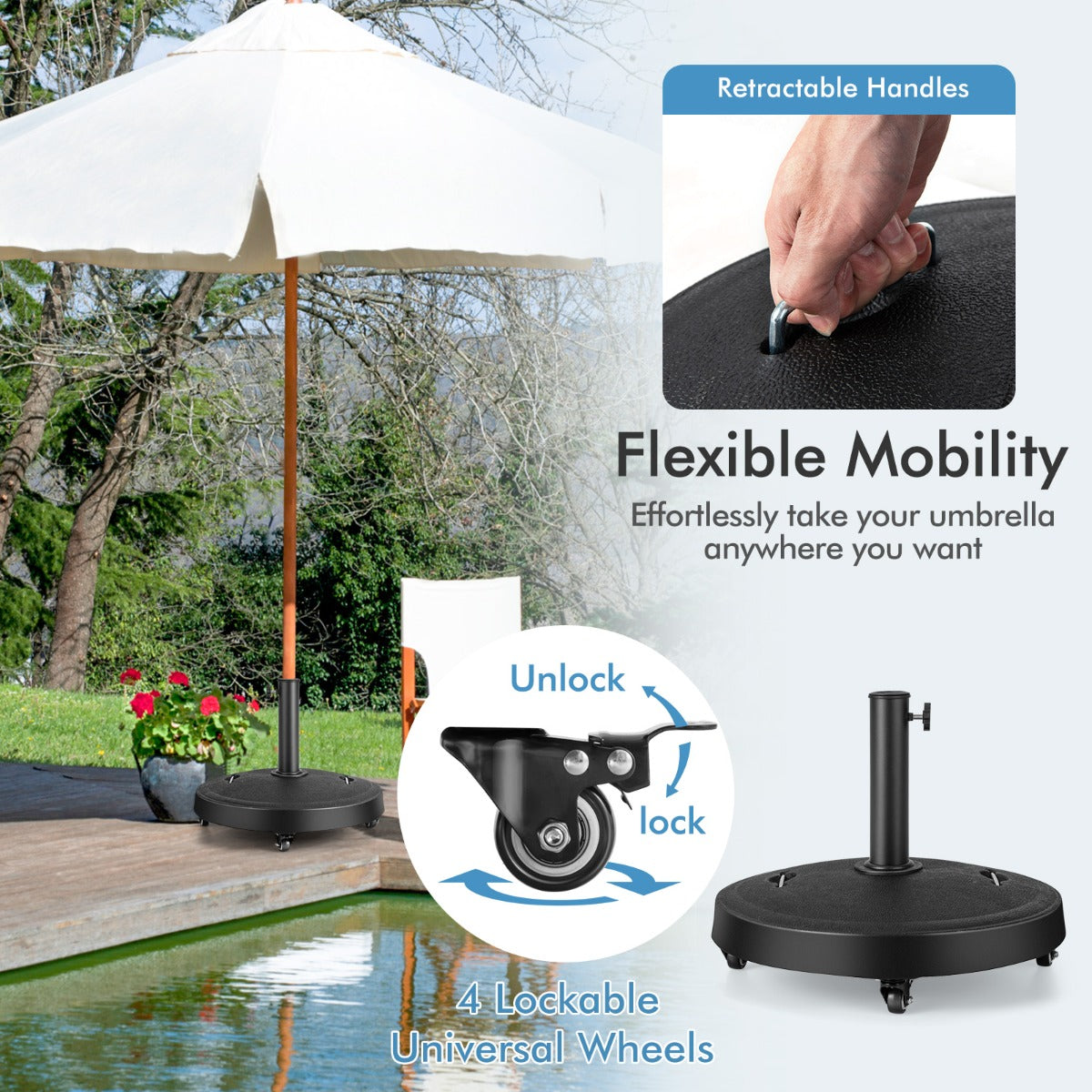 LIVSK Ronde Parasolvoet - 23 kg - Met Wielen en Handgrepen - Inclusief Adapters 38/48 mm - Voor Parasol 300 cm - Zwart
