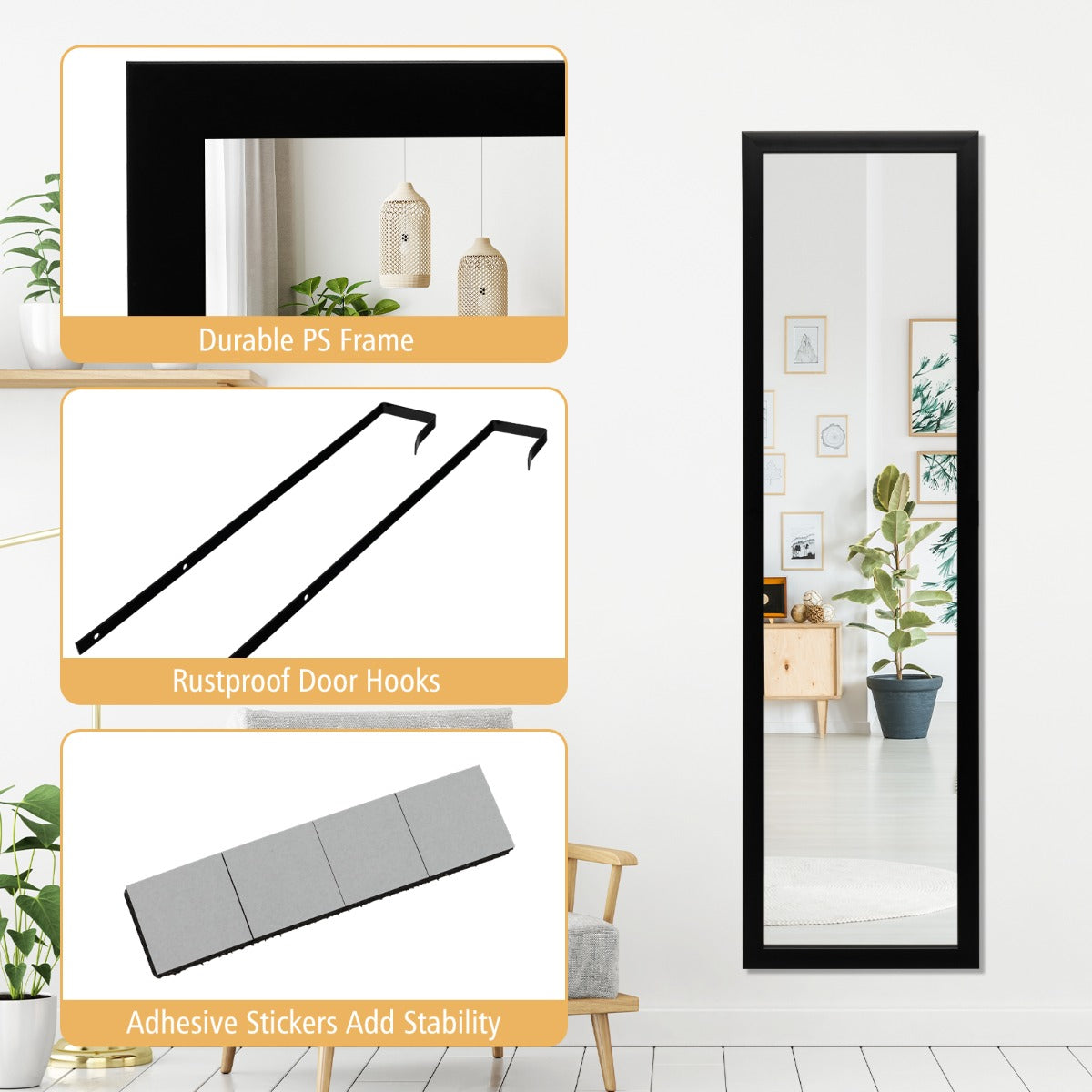 LIVSK Passpiegel 120 x 33 cm - Onbreekbaar Glas - Polystyreen Rand - Veelzijdige Ophangmogelijkheden - Zwart