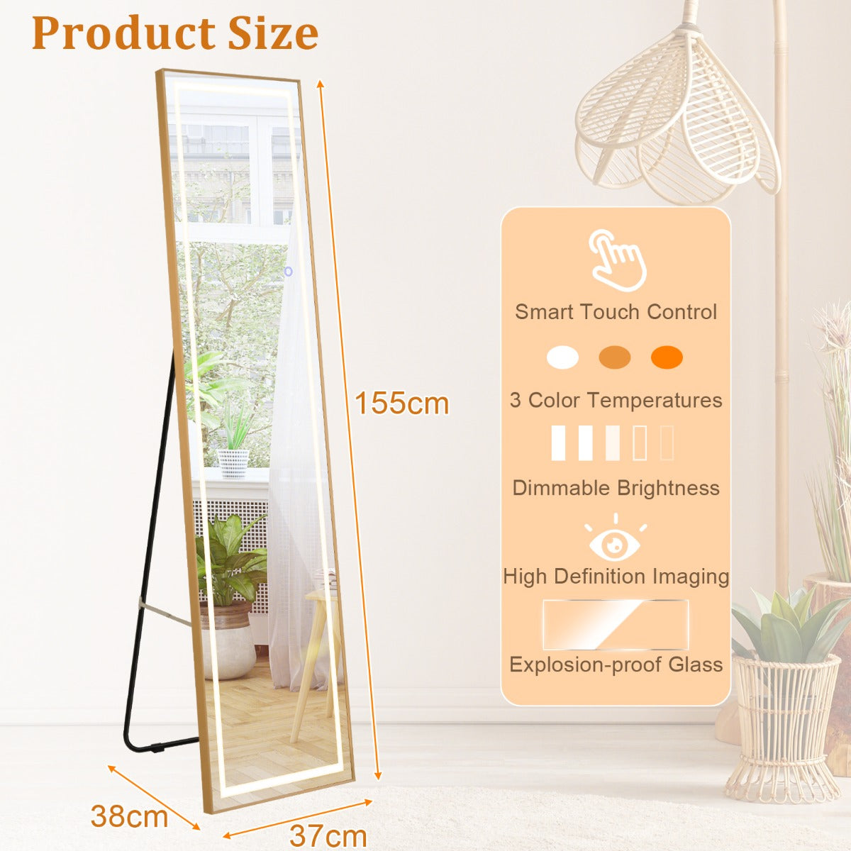 LIVSK LED-verlichte passpiegel - Verstelbare kleur en helderheid - Staand of wandbevestiging - HD onbreekbaar glas - Goud
