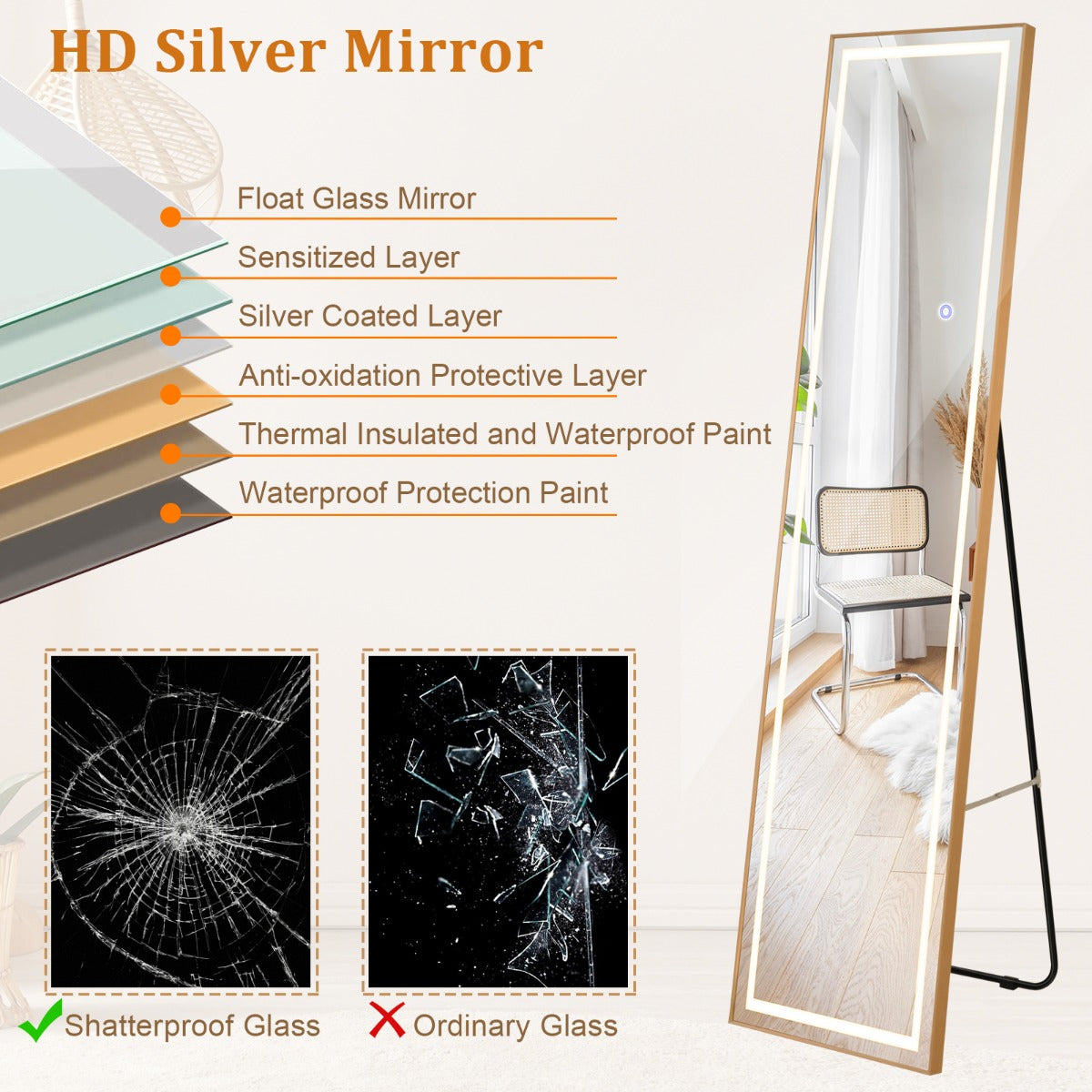 LIVSK LED-verlichte passpiegel - Verstelbare kleur en helderheid - Staand of wandbevestiging - HD onbreekbaar glas - Goud