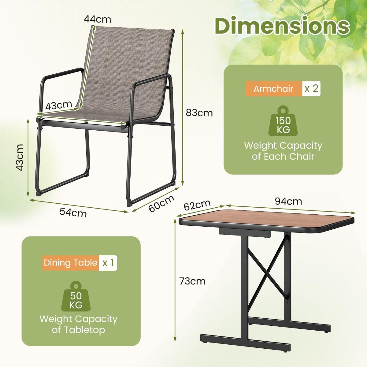 LIVSK 3-delige Patio Bistroset - 2 Fauteuils met Stoffen Zittingen - Ruimtebesparend - Robuuste Eettafel - Zwart + Bruin