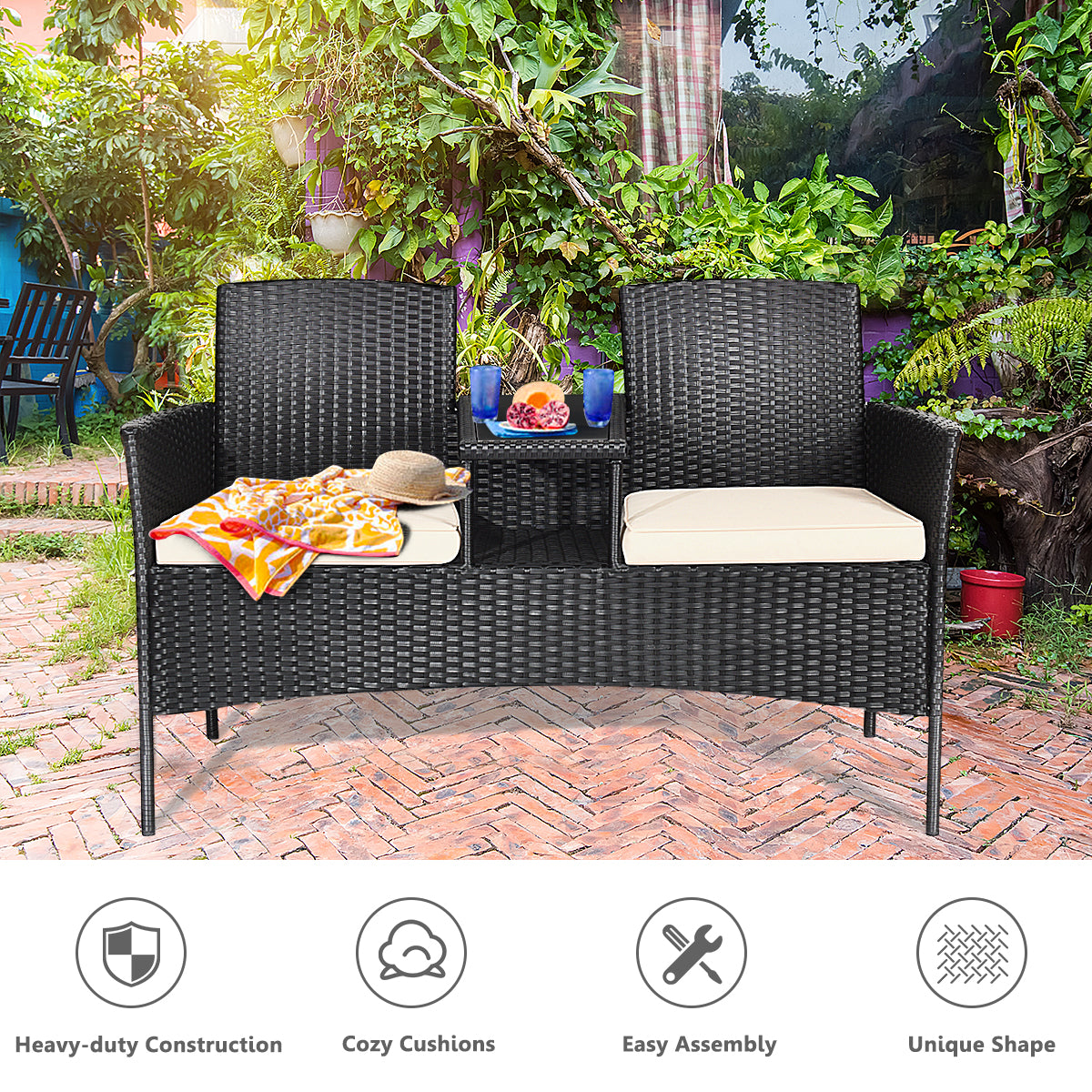 LIVSK Moderne Terrasbank - PE Rotan en Metaal - Ingebouwde Tafel van Geharde Glas - Ergonomische Kussens - Wit