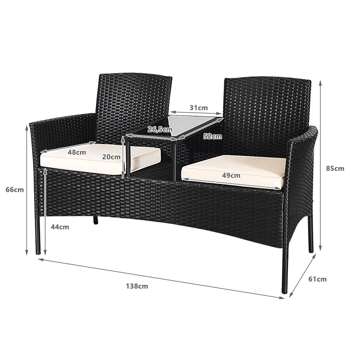 LIVSK Moderne Terrasbank - PE Rotan en Metaal - Ingebouwde Tafel van Geharde Glas - Ergonomische Kussens - Wit
