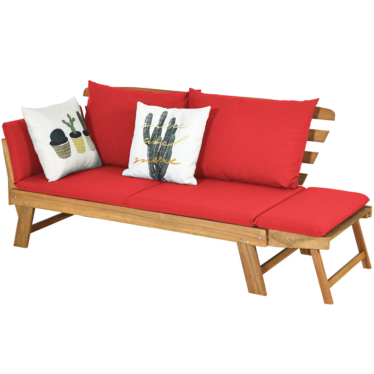 LIVSK Tuinligstoel - Verstelbare Armleuningen - Acaciahout met Zachte Kussens - Ideaal voor Buiten - 198 x 75 x 75 cm - Rood