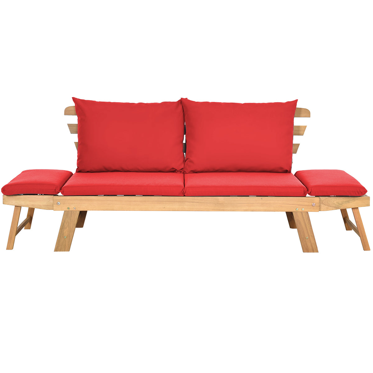 LIVSK Tuinligstoel - Verstelbare Armleuningen - Acaciahout met Zachte Kussens - Ideaal voor Buiten - 198 x 75 x 75 cm - Rood