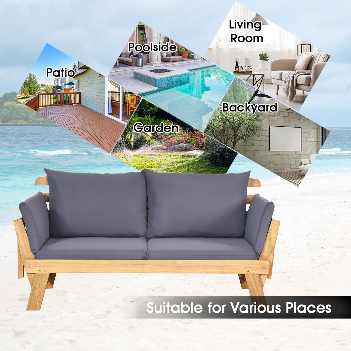 LIVSK Houten Terrasligstoel - Verstelbare Armleuningen - Ergonomische Rugleuning - Stevig Acaciahout - 320 kg Laadvermogen - Grijs