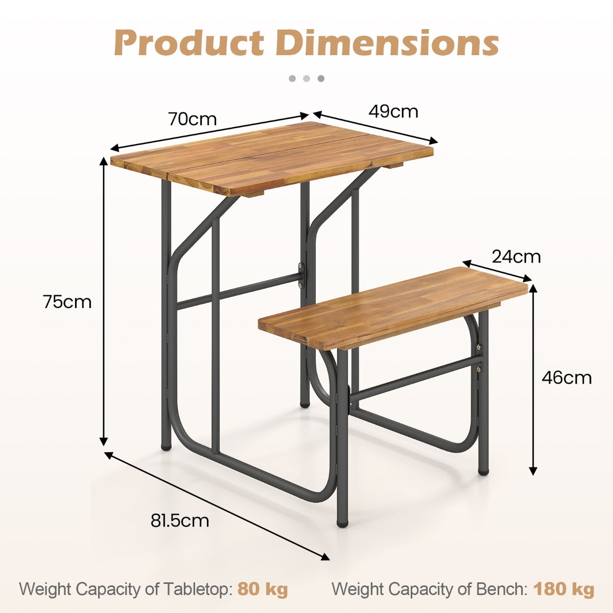 Livsk costway patio tafel en bank set picknicktafel met zitplaats aan een kant blad van acaciahout en metalen poten 2