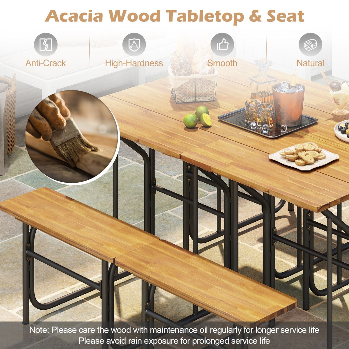Livsk costway patio tafel en bank set picknicktafel met zitplaats aan een kant blad van acaciahout en metalen poten 4