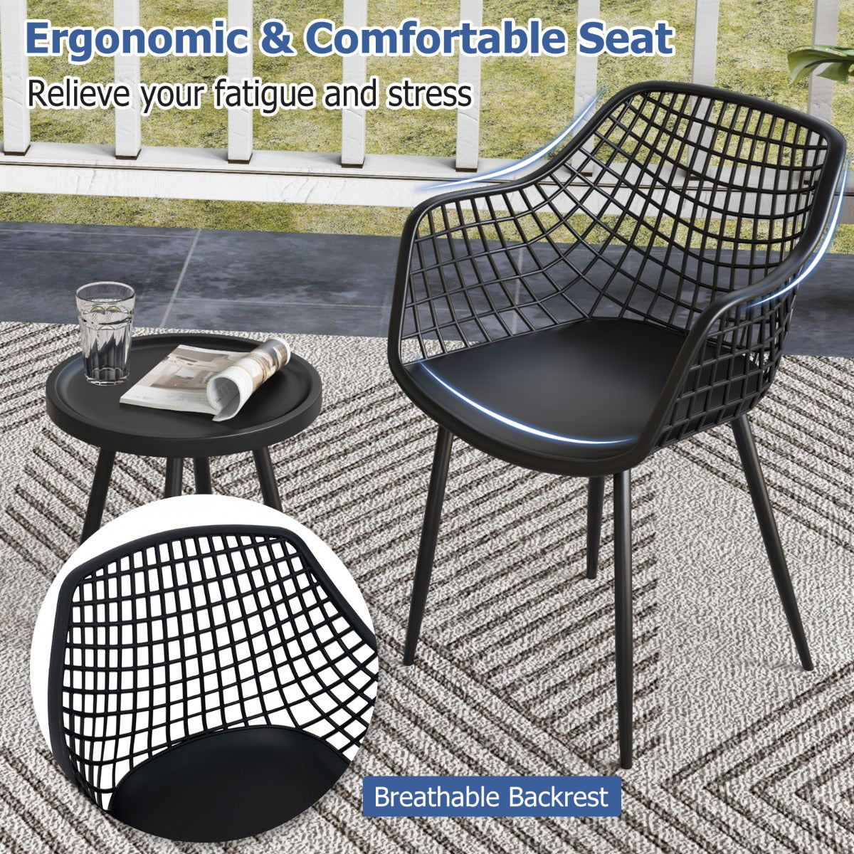 LIVSK Bistroset - 2 Stoelen en Koffietafel - Ergonomisch en Verstelbare Voetsteunen - Duurzaam PP en Metaal - Zwart