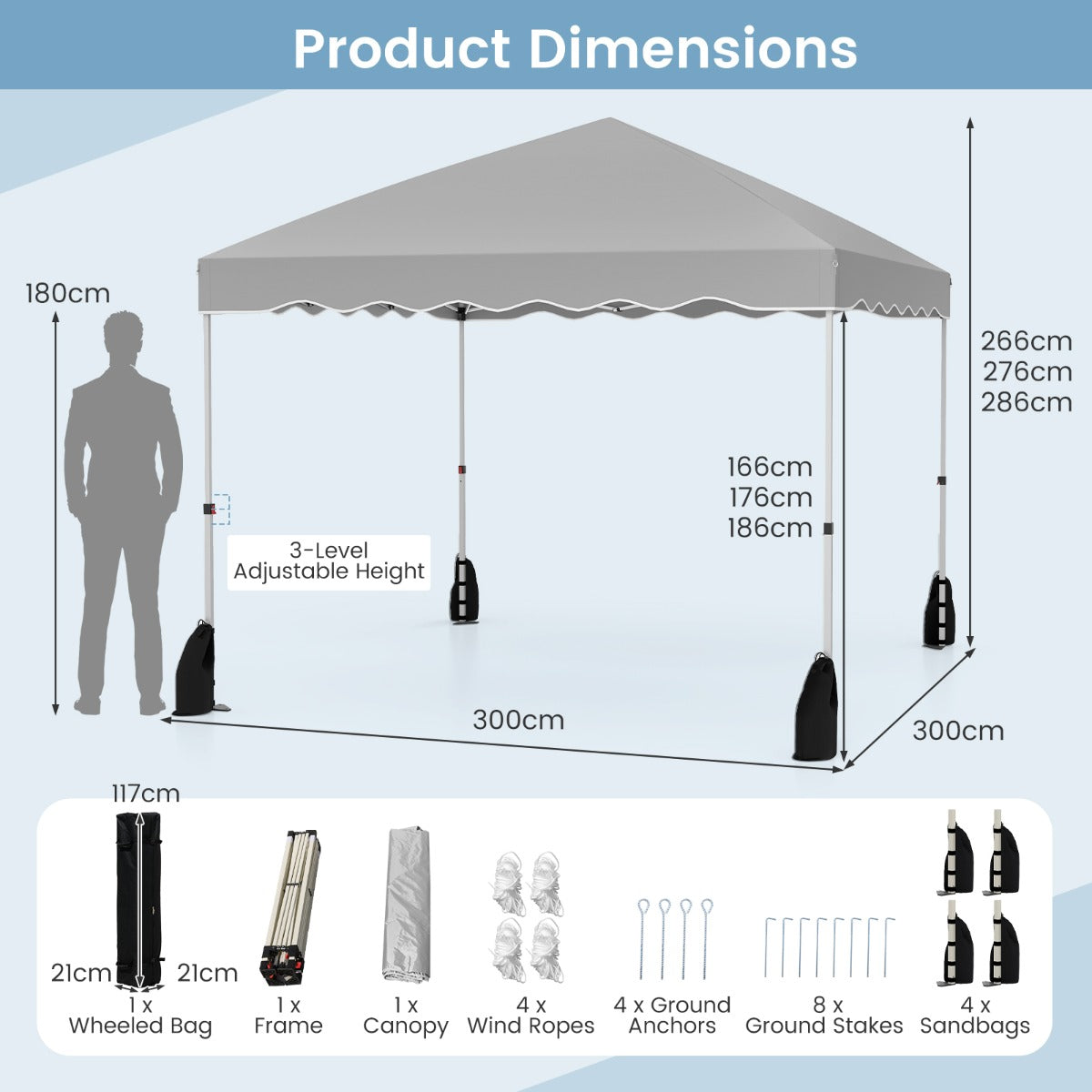 LIVSK Pop-up Luifel Tent 300 x 300 x 266-286 cm - Waterdicht - 3 Instelbare Hoogtes - Inclusief Roltas en Stabiliteitsaccessoires