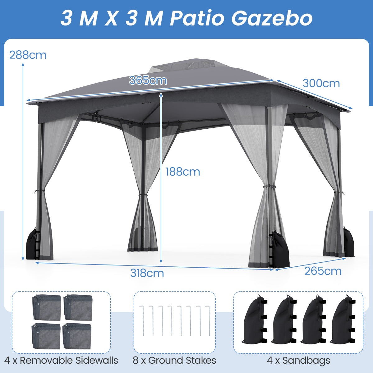 LIVSK Outdoor Paviljoen 3,6 x 3 x 2,9 m - Waterdicht - Geventileerd - Afneembare Zijwanden - Inclusief Zandzakken - Grijs