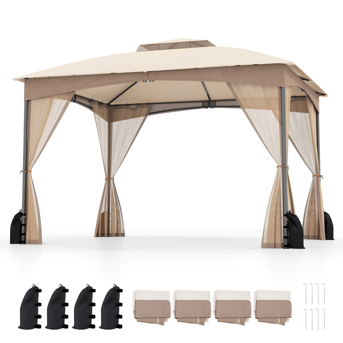 LIVSK Outdoorpaviljoen 3,6 x 3 x 2,9 m - Waterdicht - Dubbel dak met gaas - Inclusief zandzakken - Voor feesten en picknicks -