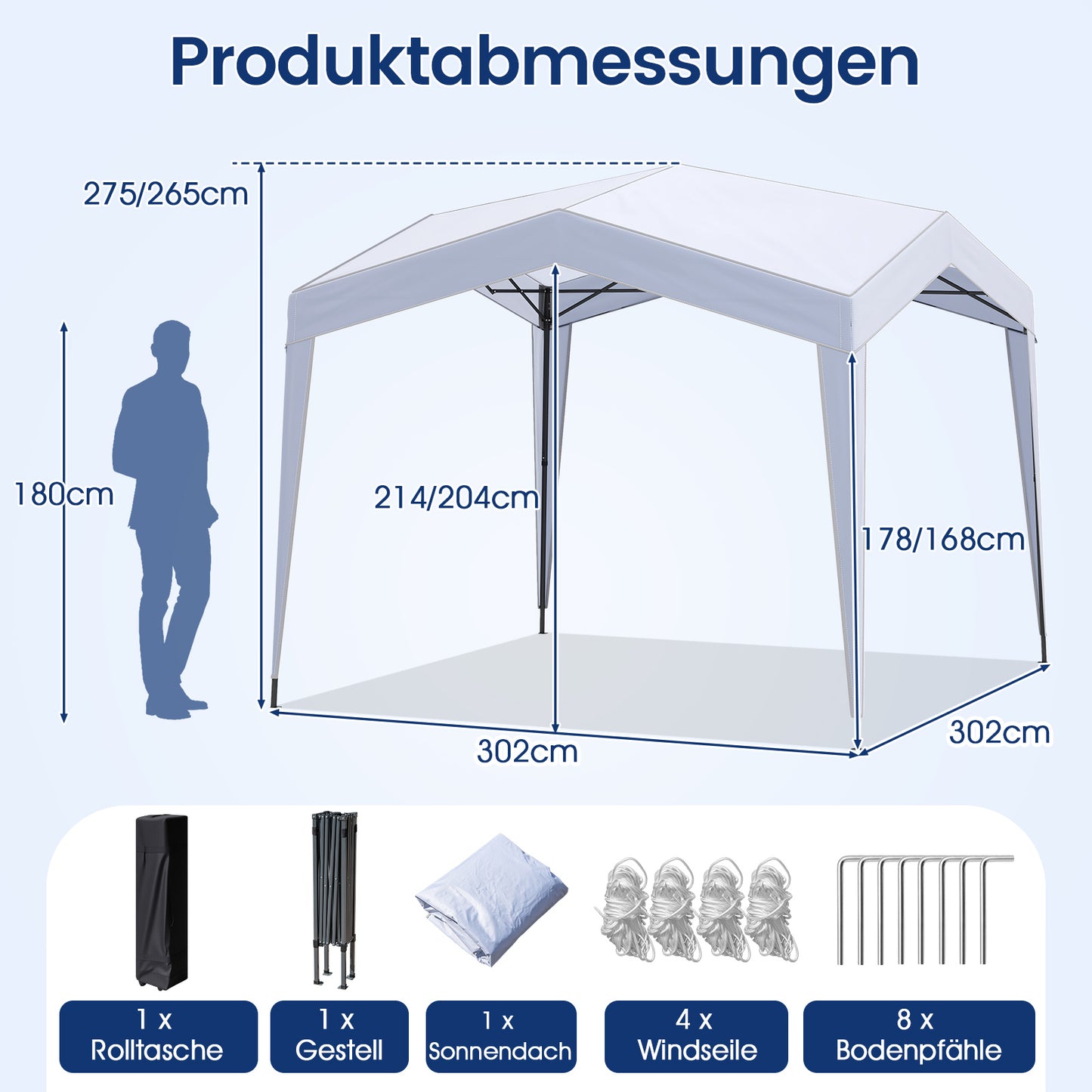 LIVSK Partytent 3x3 - Pop-up Structuur - UPF50+ Zonbescherming - Waterdicht - Inclusief Draagtas - 302 x 302 x 265-375 cm - Wit