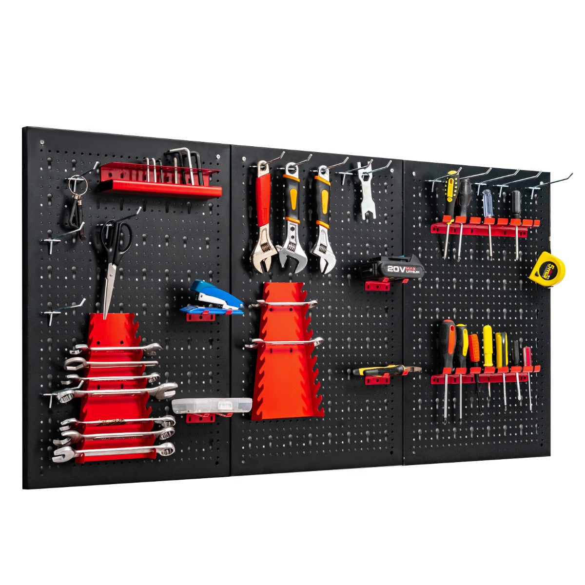 LIVSK Pegboard Organizer - Duurzaam Staal - 3 Pegboards & 25 Accessoires - Eenvoudige Installatie - Ruimtebesparend - Zwart+Rood
