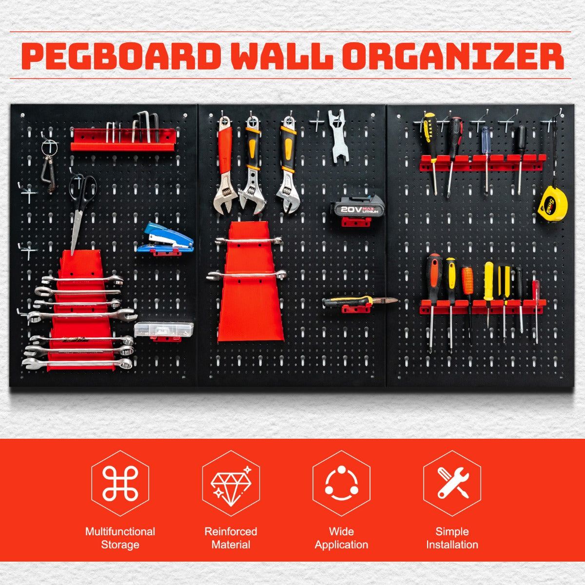 LIVSK Pegboard Organizer - Duurzaam Staal - 3 Pegboards & 25 Accessoires - Eenvoudige Installatie - Ruimtebesparend - Zwart+Rood