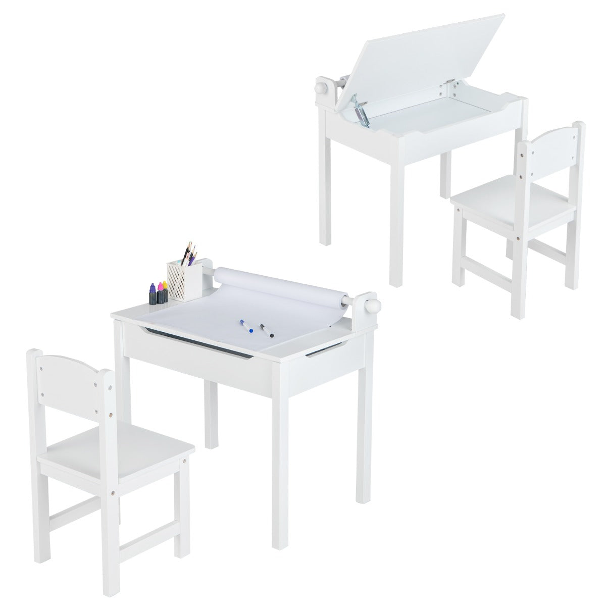 LIVSK Activiteitentafel en Stoelset - Inclusief Papierrolhouder - Opberglade - Veilig Ontwerp - Massief Hout en MDF - Wit