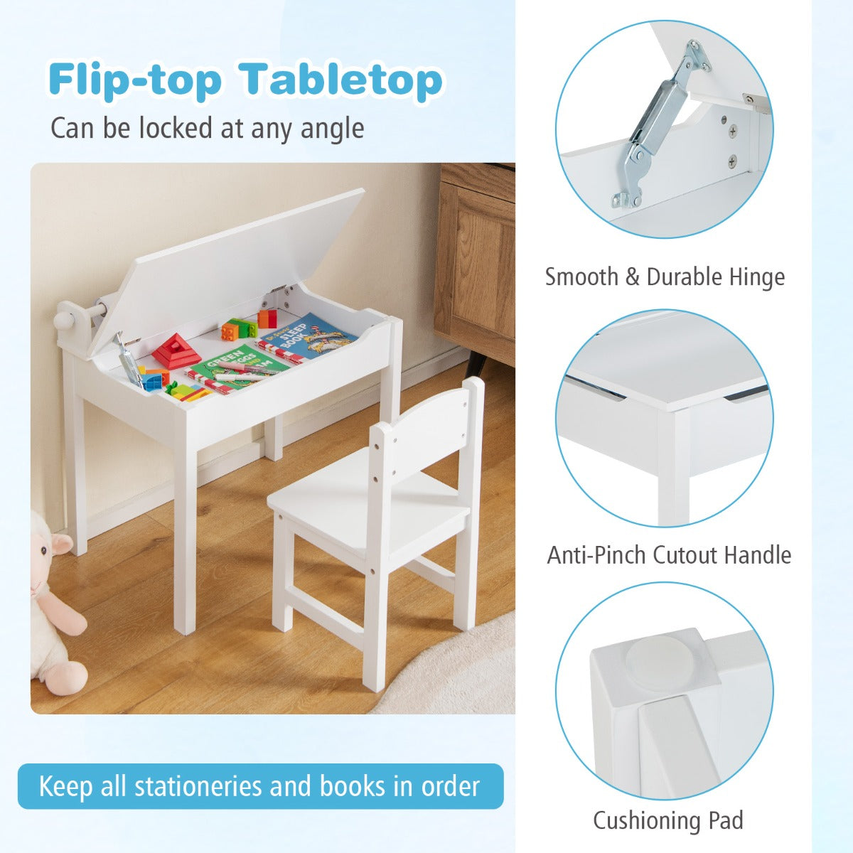 LIVSK Activiteitentafel en Stoelset - Inclusief Papierrolhouder - Opberglade - Veilig Ontwerp - Massief Hout en MDF - Wit