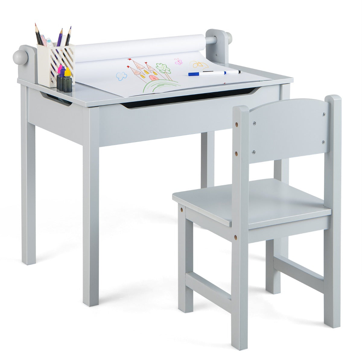 LIVSK Kinderactiviteitentafel Set - Met Papierrolhouder en Opberglade - Veilig Ontwerp - Massief Hout en MDF - Grijs