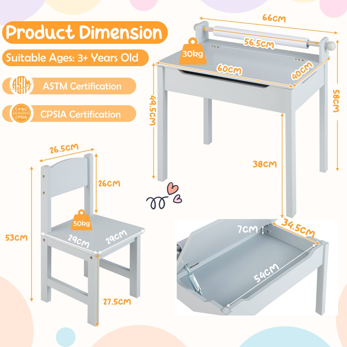 LIVSK Kinderactiviteitentafel Set - Met Papierrolhouder en Opberglade - Veilig Ontwerp - Massief Hout en MDF - Grijs