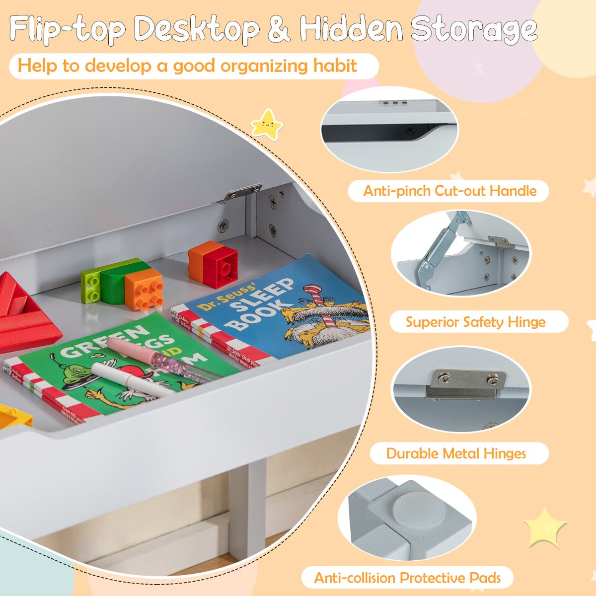 LIVSK Kinderactiviteitentafel Set - Met Papierrolhouder en Opberglade - Veilig Ontwerp - Massief Hout en MDF - Grijs