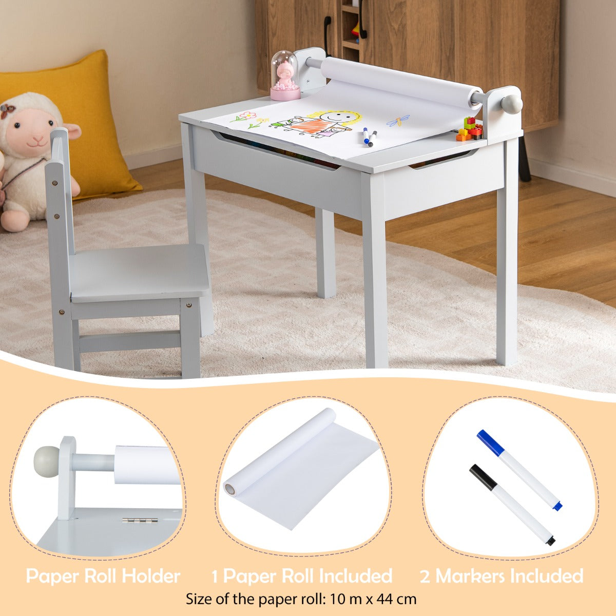 LIVSK Kinderactiviteitentafel Set - Met Papierrolhouder en Opberglade - Veilig Ontwerp - Massief Hout en MDF - Grijs