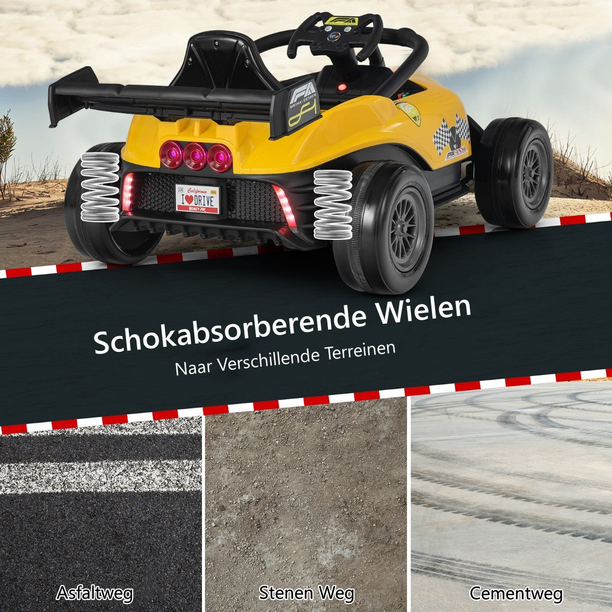 LIVSK Kinderauto met Afstandsbediening - Race Thema - Schokabsorberende Wielen - Voor 3-7 Jaar - Tot 30 kg - Geel