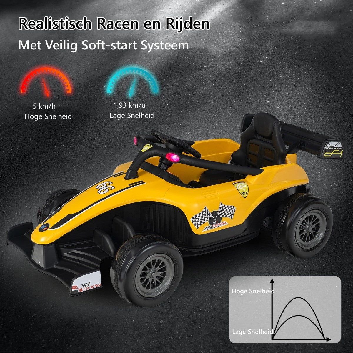 LIVSK Kinderauto met Afstandsbediening - Race Thema - Schokabsorberende Wielen - Voor 3-7 Jaar - Tot 30 kg - Geel