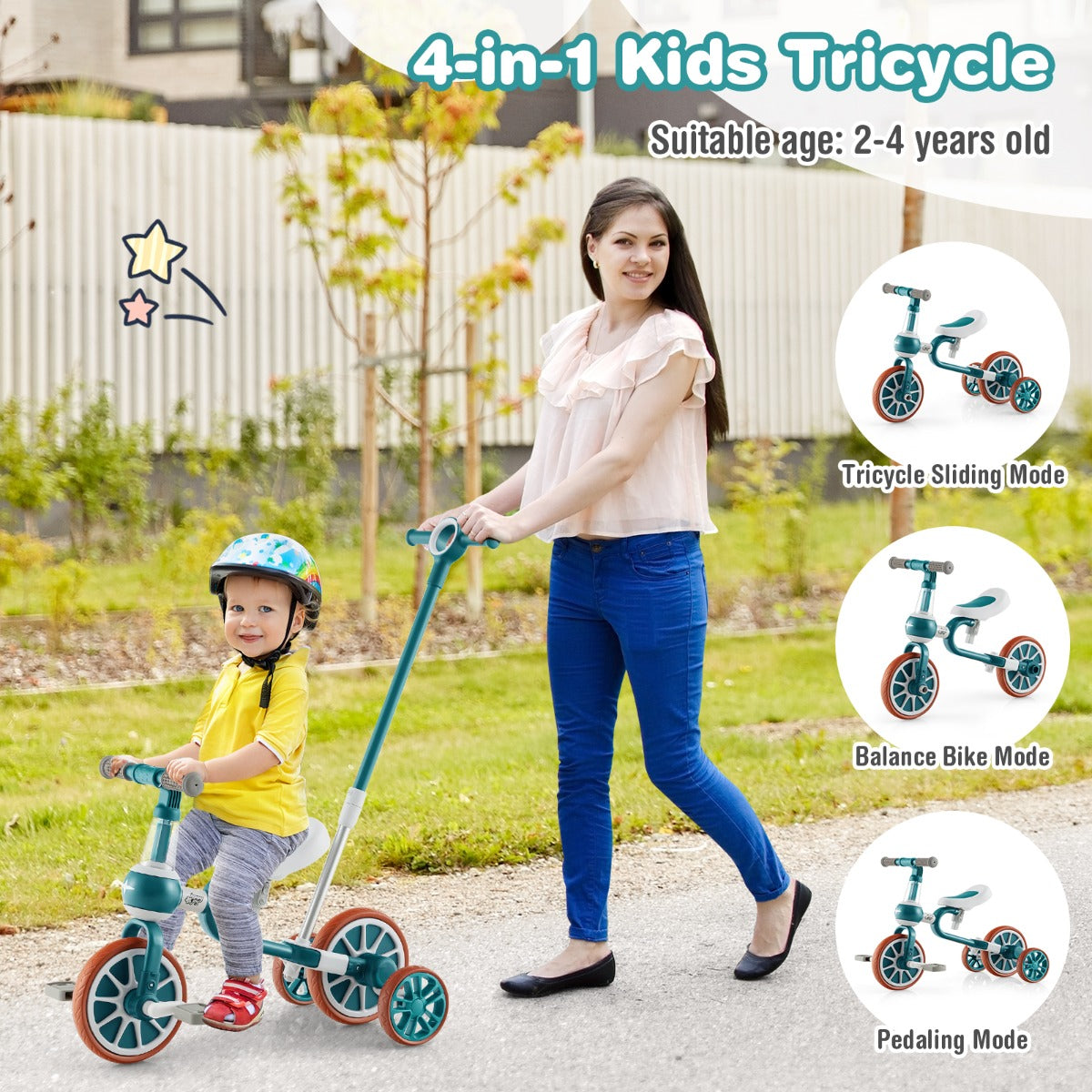 LIVSK 4-in-1 Kinderdriewieler - Loopfiets, Trapfiets, Duwfiets - Afneembare Pedalen - Verstelbare Hoogte - Groen