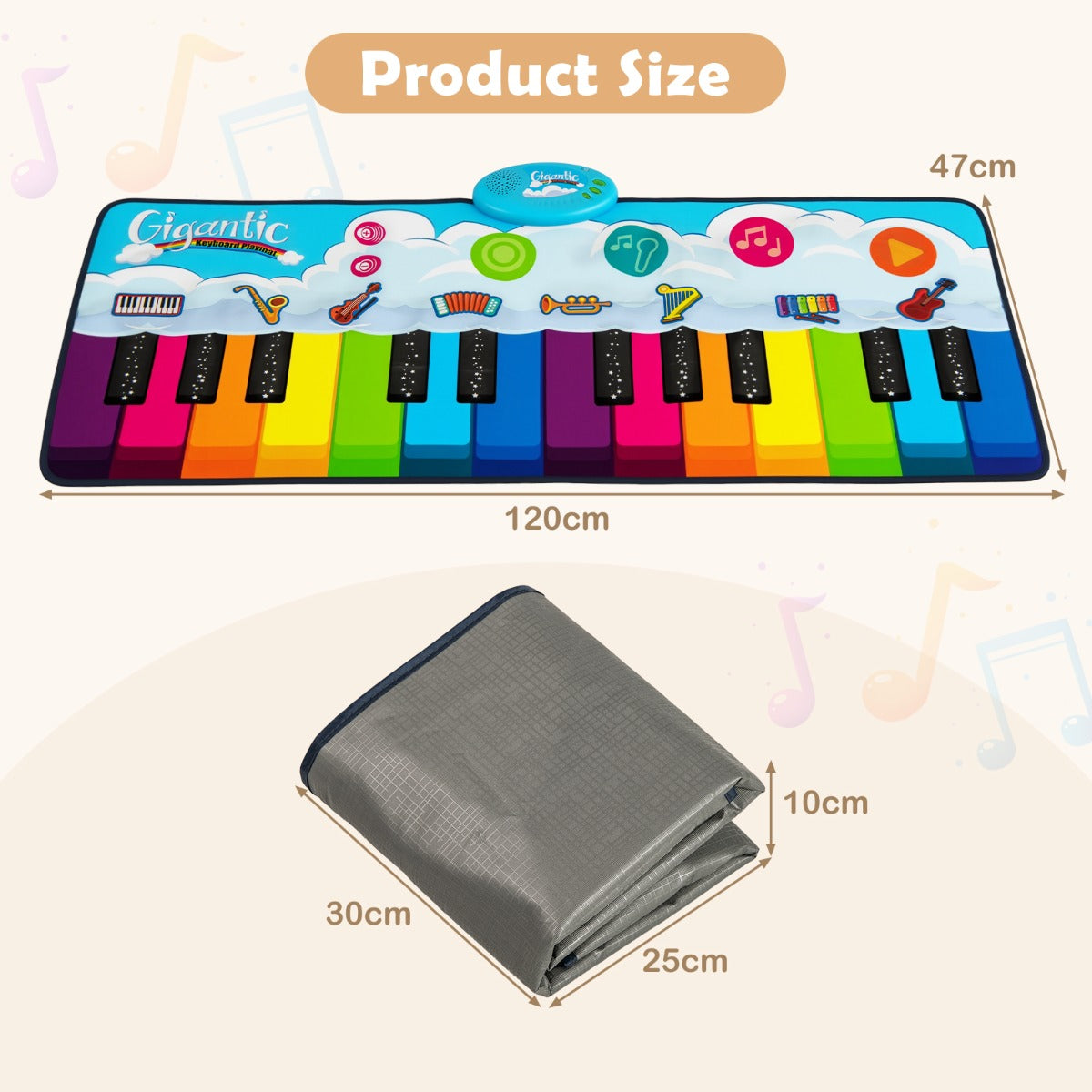 LIVSK Muziekmat voor Kinderen - 24 Pianotoetsen - 8 Instrumentgeluiden - Opnamefunctie - Antislip - Opvouwbaar - 120 x 47 cm -
