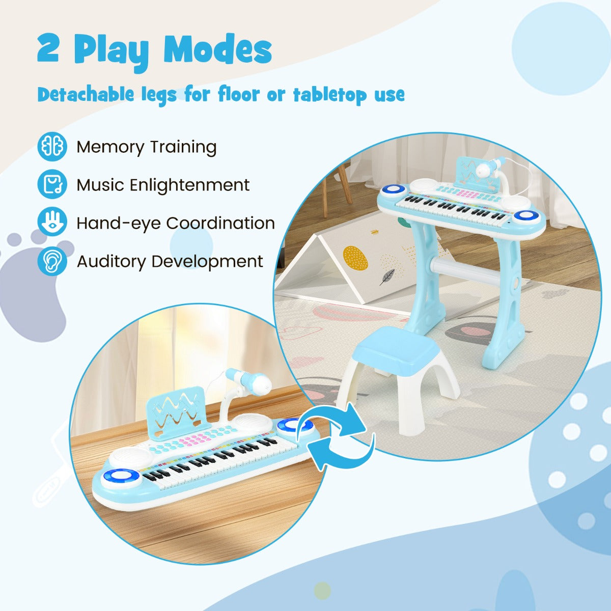 LIVSK Kinderpiano met 37 Toetsen - 8 Ritmes en 4 Percussies - Opnamefunctie en Microfoon - Veilig ABS - Roze / Blauw