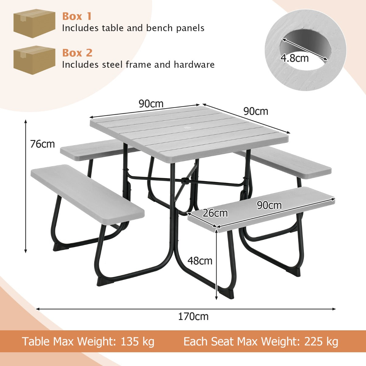LIVSK Picknicktafelset - Ruimte voor 8 Personen - Weerbestendig HDPE - Gepoedercoat Metaal - Met Parasolgat - 170 x 170 x 76 cm -