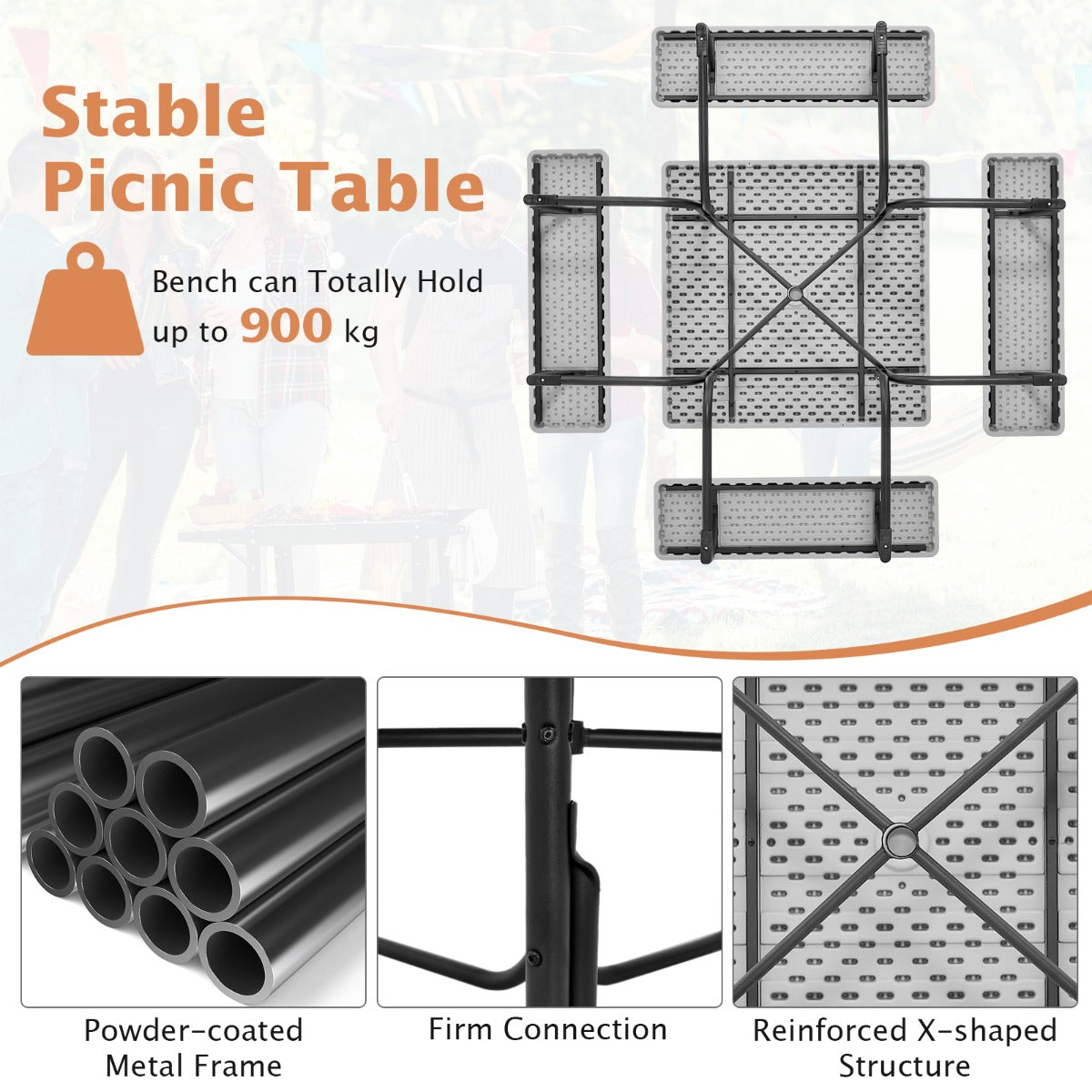 LIVSK Picknicktafelset - Ruimte voor 8 Personen - Weerbestendig HDPE - Gepoedercoat Metaal - Met Parasolgat - 170 x 170 x 76 cm -