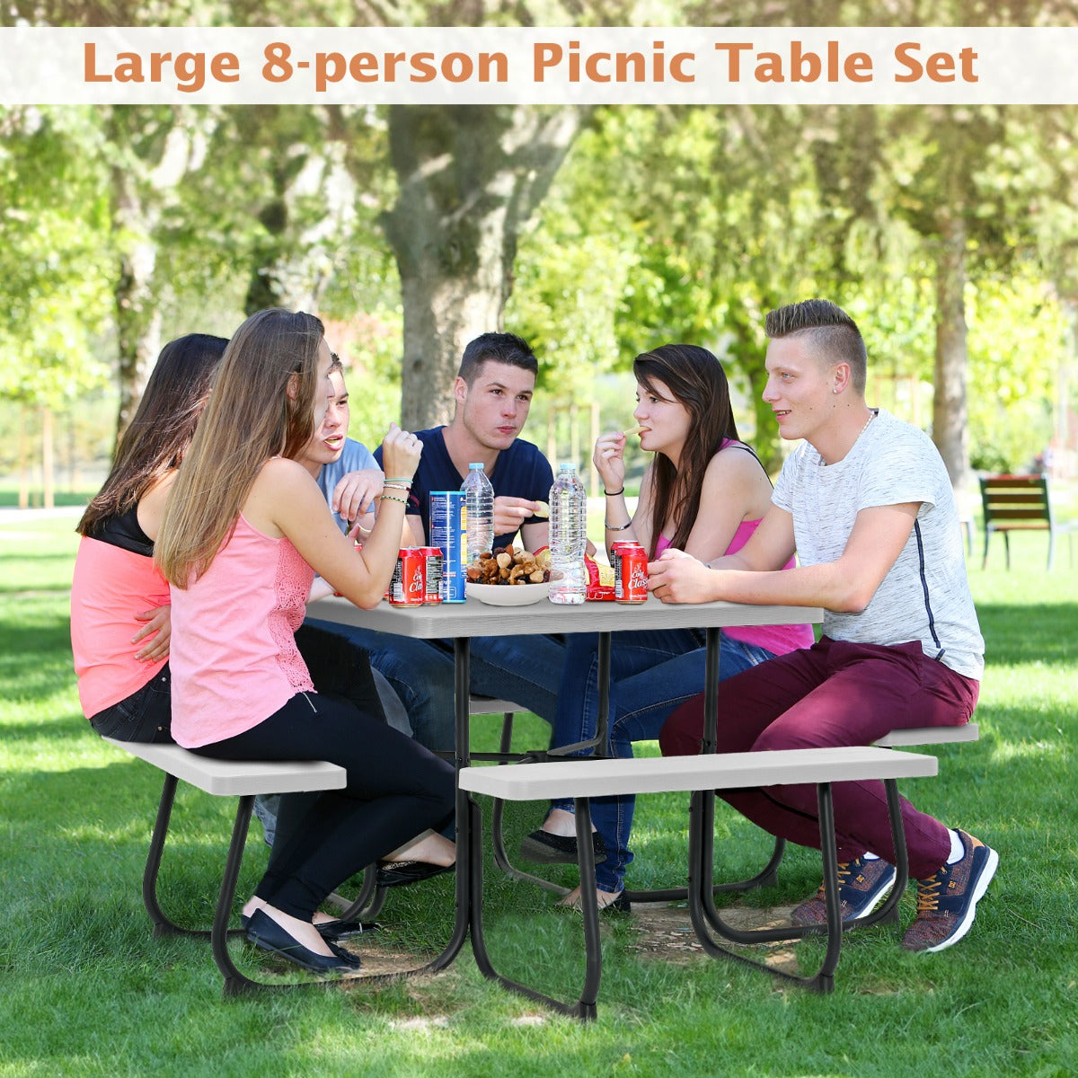 LIVSK Picknicktafelset - Ruimte voor 8 Personen - Weerbestendig HDPE - Gepoedercoat Metaal - Met Parasolgat - 170 x 170 x 76 cm -