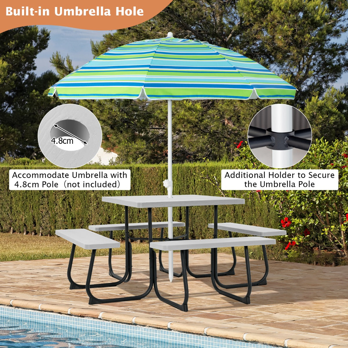 LIVSK Picknicktafelset - Ruimte voor 8 Personen - Weerbestendig HDPE - Gepoedercoat Metaal - Met Parasolgat - 170 x 170 x 76 cm -