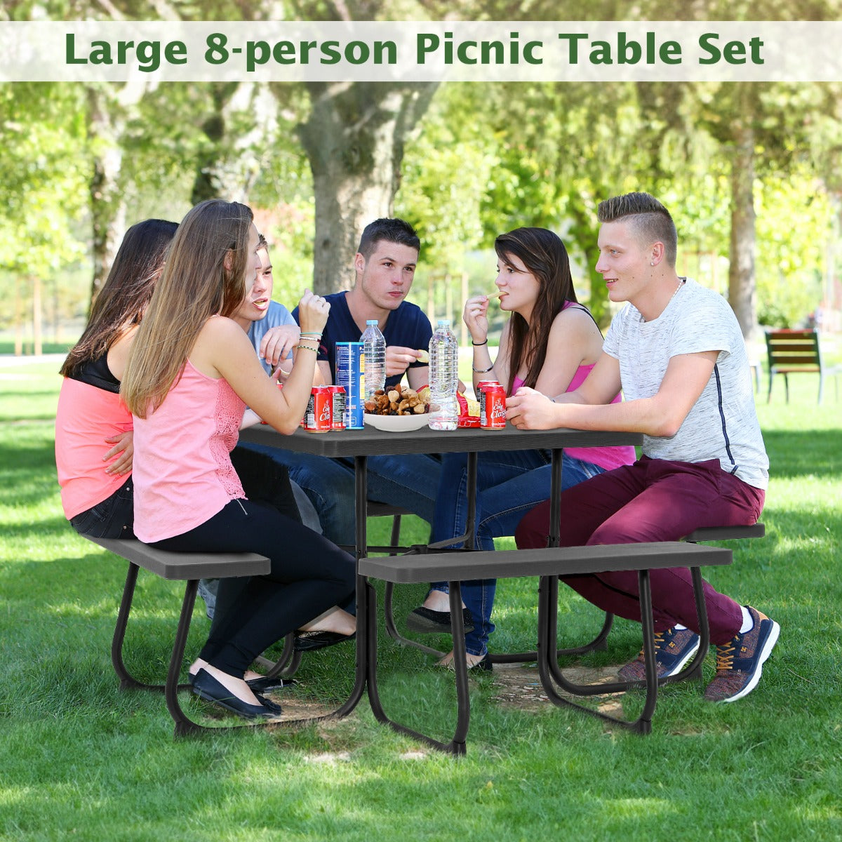LIVSK Picknicktafelset - Ruimte voor 8 Personen - HDPE Waterdicht en Barstbestendig - Gepoedercoat Metalen Frame - Zwart