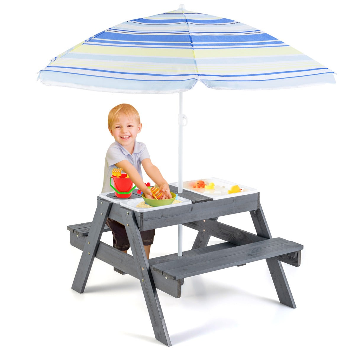 Livsk costway picknicktafelset voor kinderen 4 in 1 speeltafel met 3 verwijderbare containers voor zand en water met verstelbare parasol 1 1