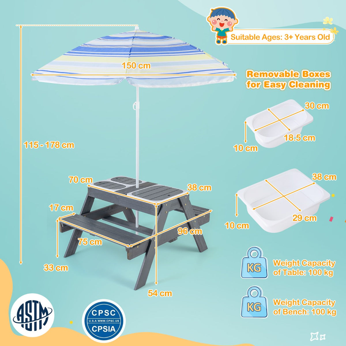 Livsk costway picknicktafelset voor kinderen 4 in 1 speeltafel met 3 verwijderbare containers voor zand en water met verstelbare parasol 2