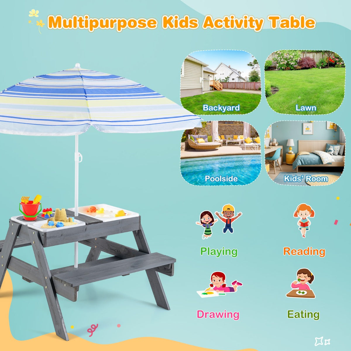 Livsk costway picknicktafelset voor kinderen 4 in 1 speeltafel met 3 verwijderbare containers voor zand en water met verstelbare parasol 4
