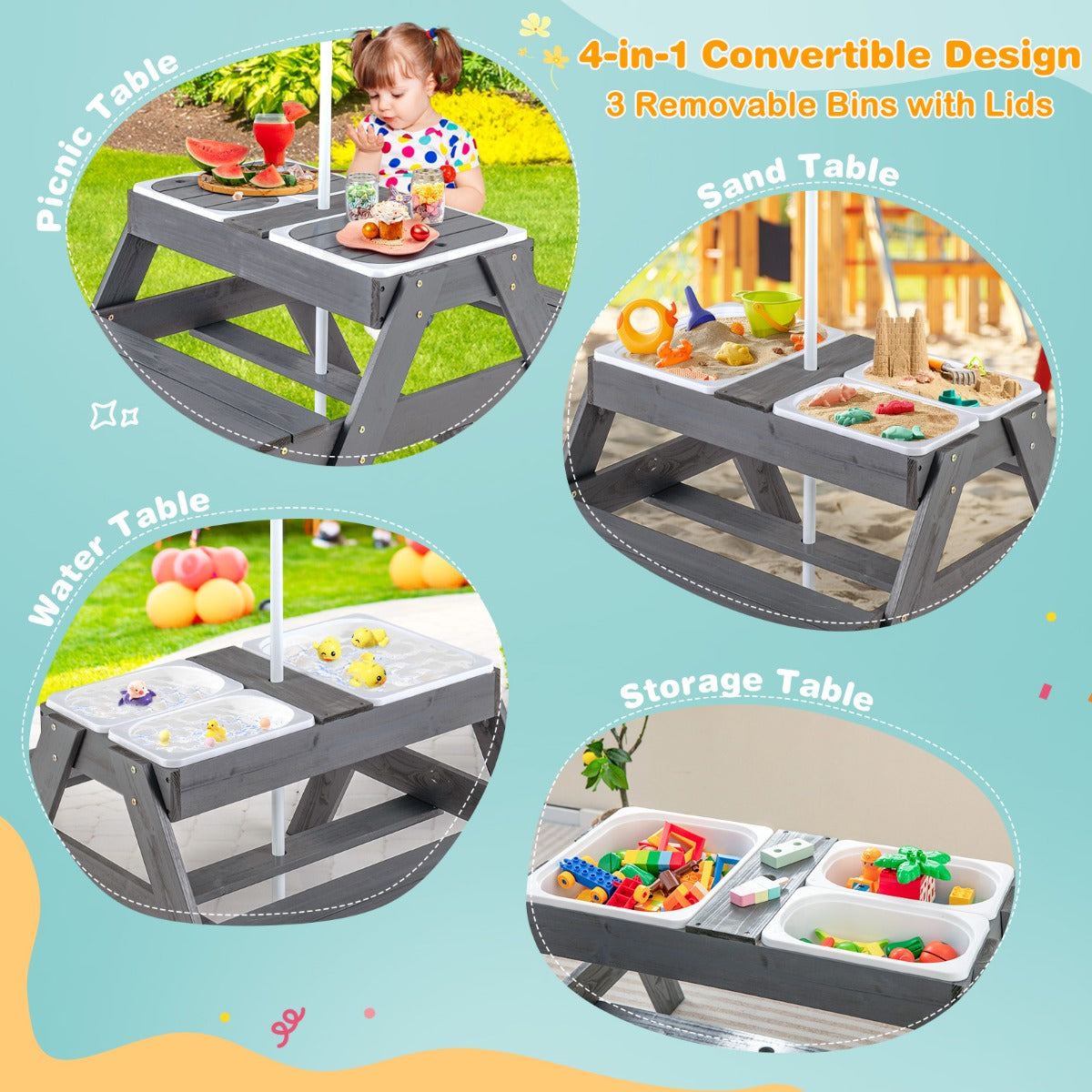 Livsk costway picknicktafelset voor kinderen 4 in 1 speeltafel met 3 verwijderbare containers voor zand en water met verstelbare parasol 5