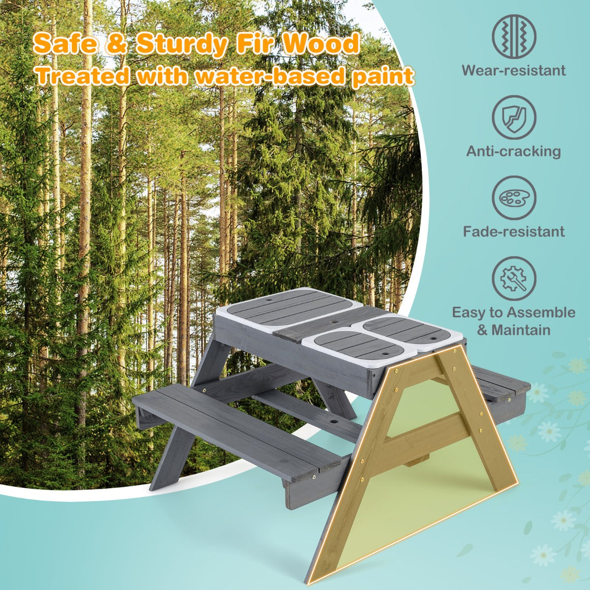 Livsk costway picknicktafelset voor kinderen 4 in 1 speeltafel met 3 verwijderbare containers voor zand en water met verstelbare parasol 6