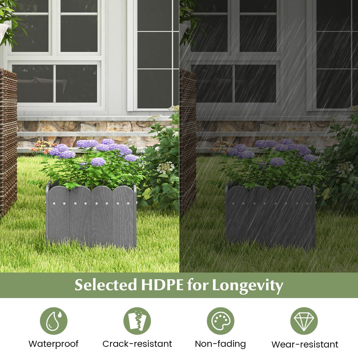 LIVSK Set van 2 Weerbestendige Tuinbloembakken - HDPE met Afvoergaten - Rustiek Hekdesign - Voor Planten en Bloemen - Grijs