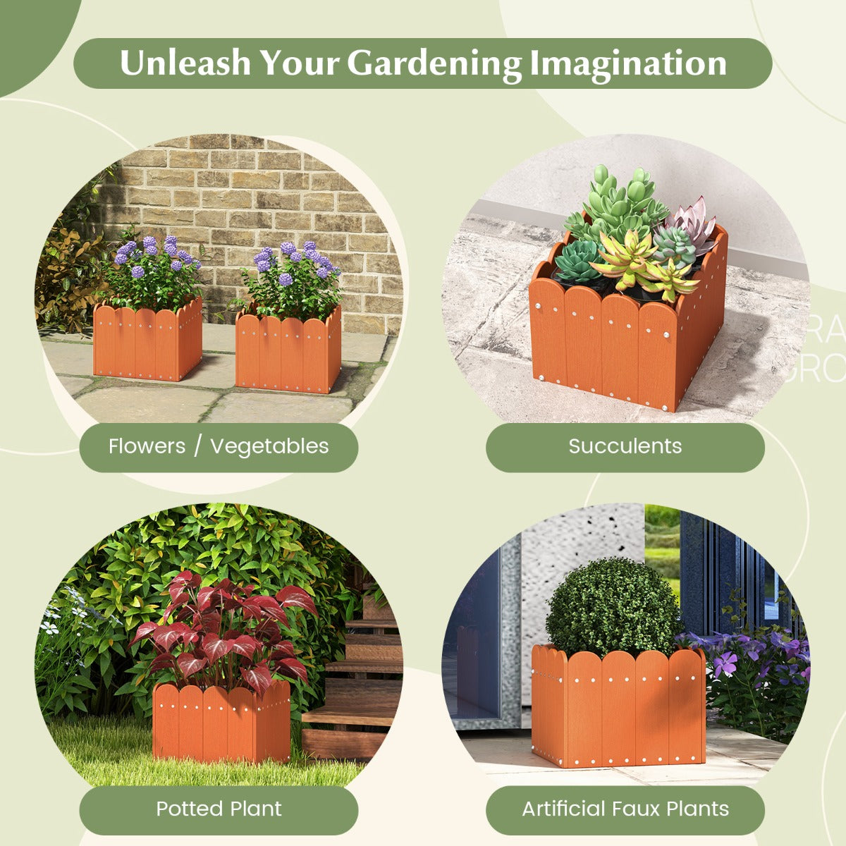 LIVSK Tuinbed Plantenbak Set van 2 - Weerbestendig HDPE met Afvoergaten - Rustiek Design - 32 x 30 x 25 cm - Oranje