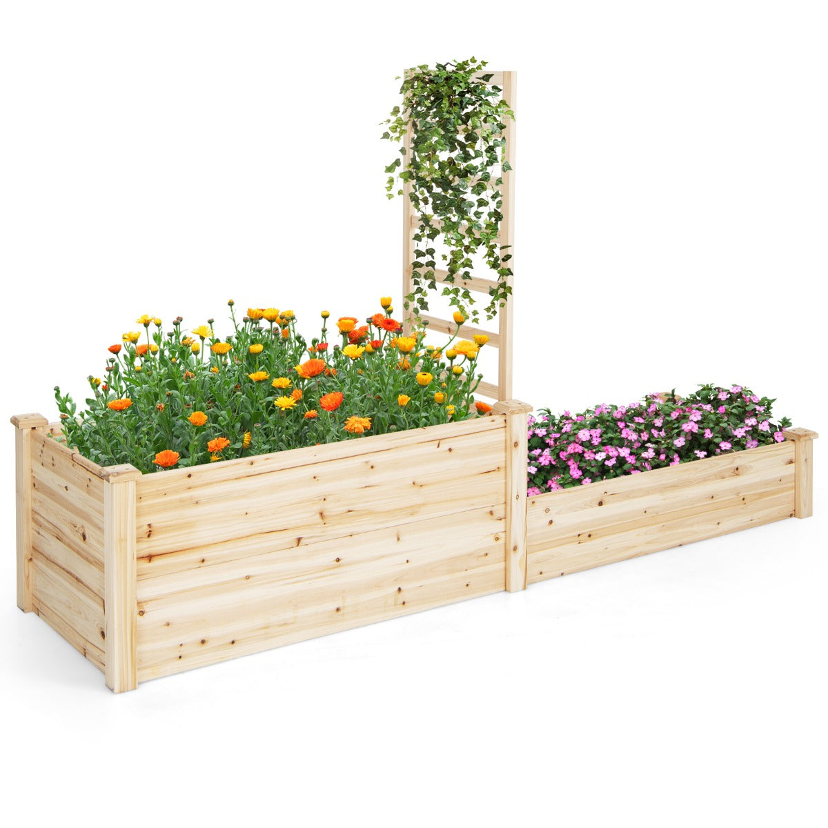 LIVSK Verhoogd Bloembed met Rankrooster - Natuurlijk Dennenhout - 2 Diepten - Duurzaam en Veilig - 223 x 64 x 134 cm - Natuurlijk